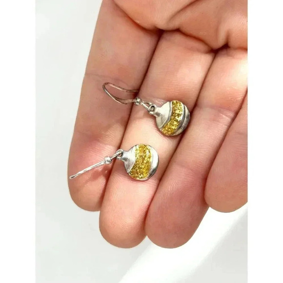 Silver Toned Gold Glitter Adorned Vintage Ornament Shaped Dangle Earrings - Picture 7 of 7